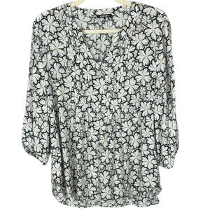 Olsen Casual Floral Black White & Cream Relaxed Fit Blouse Size M/L 12